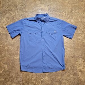 Huk Diamond Back Fishing Shirt Mens Medium M Blue Short Sleeve Full Snap Vented